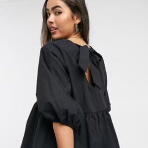 ASOS DESIGN long sleeve cotton smock top with pep hem in black --SZ 12